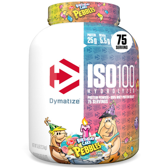 Dymatize ISO100 Whey Protein Powder Isolate Birthday Cake 25g of Protein 5 Pound 55g BCAAs Less Than 120 Cal Gluten Free 1g Fat 1g Sugar 2g Carb (75 Servings)