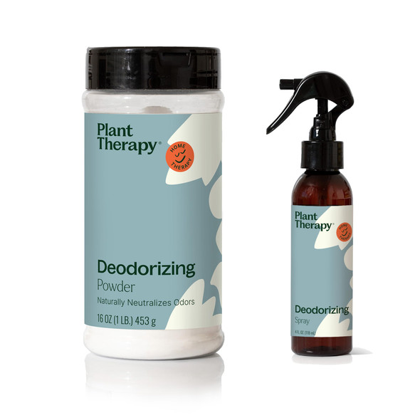 Plant Therapy Deodorizing Powder 16 oz & Deodorizing Room Spray 4 oz Quick On-The-Go Freshness Safe & Gentle for Everyday Use Free from Harsh Chemicals & Synthetic Fragrances