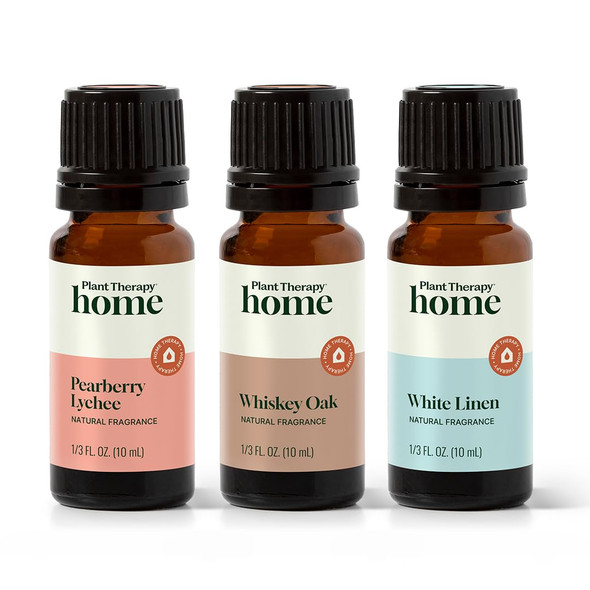 Plant Therapy Home Natural Fragrance Set of 3 Pearberry Lychee Whiskey Oak & White Linen 10 mL (1/3 oz) Each