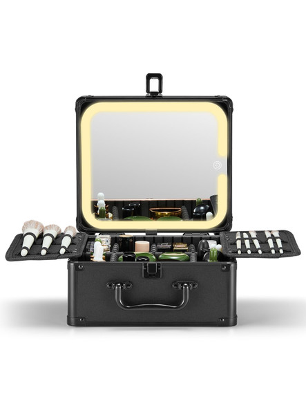 Qislee Makeup Box with A Detachable Lighted Mirror Waterproof Travel Train Case Cosmetic Organizer and Makeup Suitcase with Adjustable Dividers Magnetic LED Mirror (Black)