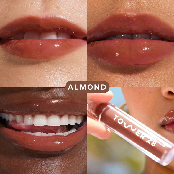 Tower 28 ShineOn Lip Gloss Jelly - Hydrating Tinted Lip Balm + Milky Gloss for Sensitive Lips - Non-Sticky + High-Shine Jelly Formula with Nourishing Oil Blend - Almond - Chocolate (0.13)