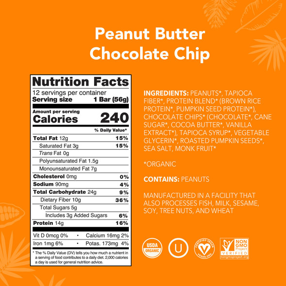 ALOHA Organic Plant Based Protein Bars |Peanut Butter Chocolate Chip | 1.98 Oz (Pack of 12) | Vegan Low Sugar Gluten Free Paleo Low Carb Non-GMO Stevia Free Soy Free No Sugar Alcohols