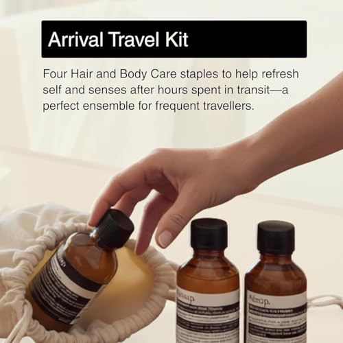 Aesop Arrival Travel Shower Set (4-Piece) Hair & Body Care Kit Shampoo Conditioner Geranium Leaf Body Cleanser & Rind Concentrate Body Balm 1.7Oz/50Ml Each Set With Reusable Canvas Bag