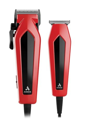 Andis 562940 Ultra Clip Corded Clipper & Trimmer 15-Piecehair Cutting Combo Kit Stainless Steel Blades Power Pivot Motor Whisper Quiet Hanger Loop Red