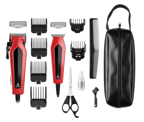 Andis 562940 Ultra Clip Corded Clipper & Trimmer 15-Piecehair Cutting Combo Kit Stainless Steel Blades Power Pivot Motor Whisper Quiet Hanger Loop Red