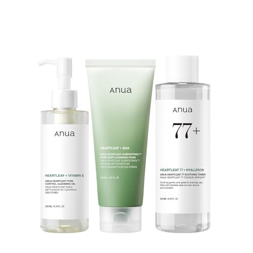 Anua Heartleaf Trio: Pore Control Cleansing Oil & Quercetinol Pore Deep Cleansing Foam & 77 Soothing Toner Double Cleansing Gentle Korean Skincare