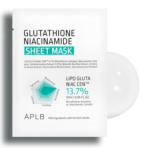 Aplb Glutathione Niacinamide Sheet Mask 10Pcs | Lipo Gluta Niac Cen 13.7% 0.85 Fl.Oz/Korean Skincare Deep Hydration & Soothing Sensitive Skin Improve Skin Elasticity