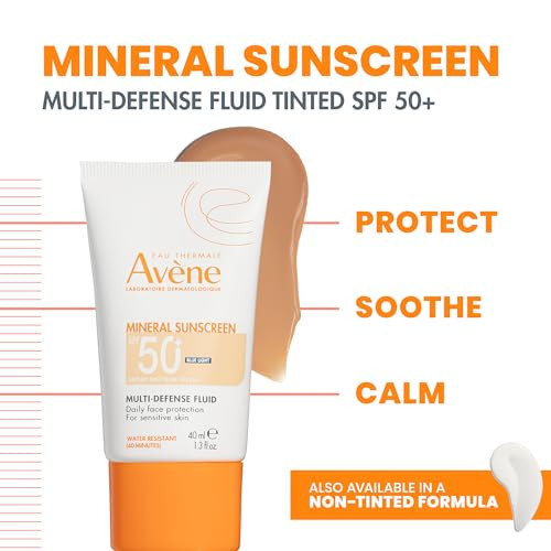 Av Ne Mineral Sunscreen Multi-Defense Fluid Tinted Spf 50+ Clean Formula Sunscreen For Sensitive Skin Reef Friendly Tint Non-Whitening Antioxidant Protection 1.3 Fl Oz