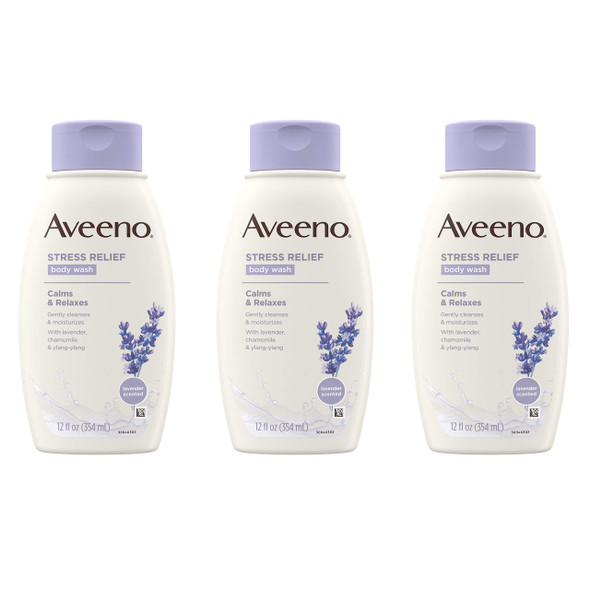 Aveeno Stress Relief Body Wash With Soothing Oat Lavender Chamomile & Ylang-Ylang Essential Oils Hypoallergenic Dye-Free & Soap-Free Calming Body Wash 12 Fl. Oz (Pack Of 3)