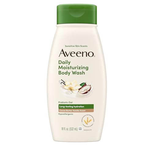 Aveeno Daily Moisturizing Body Wash With A Cocoa Butter Vanilla Scent & Soothing Prebiotic Oat Provides Long-Lasting Hydration For Sensitive Skin Hypoallergenic Paraben-Free 18 Fl. Oz