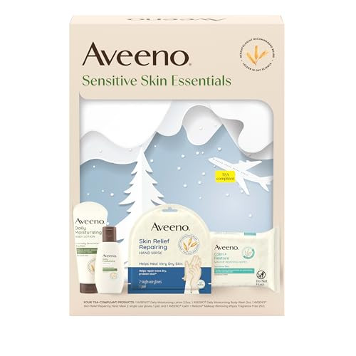 Aveeno Sensitive Skin Essentials Set With Daily Moisturizing Lotion Daily Moisturizing Body Wash Calm + Restore Makeup Removing Wipes & Skin Relief Repairing Hand Mask 4 Items