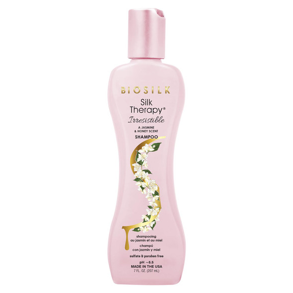 Biosilk Irresistible Shampoo Cleanses & Conditions Frizzy Hair Jasmine & Honey Scent Silk Proteins & Botanical Extracts Sulfate-Free Paraben-Free Cruelty-Free 7 Oz