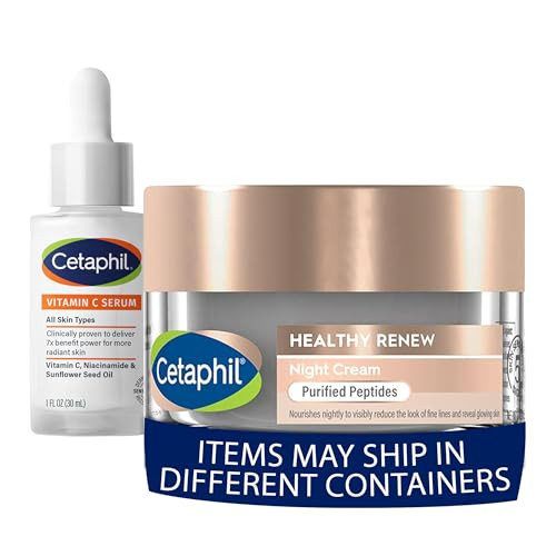 Cetaphil Vitamin C Serum Dermatologist Tested 1Oz + Healthy Renew Skin Tightening Night Cream 1.7 Oz Wrinkle Repair Cream For Face With Peptides For Sensitive Skin Fragrance Free Bundle