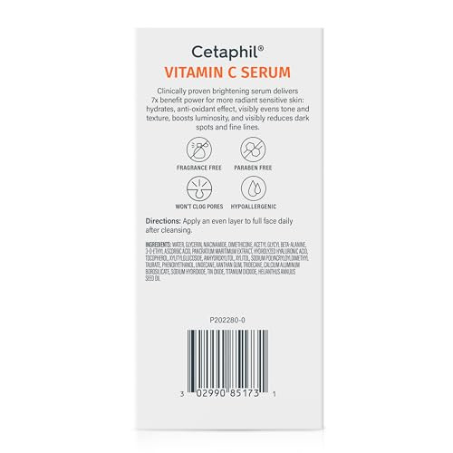 Cetaphil Vitamin C Serum Visibly Reduces Look Of Dark Spots And Hyperpigmentation Formulated With Niacinamide Designed For Sensitive Skin Fragrance Free Dermatologist Tested 1Oz