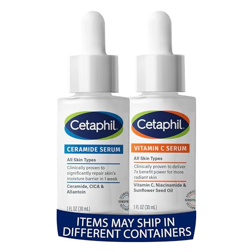 Cetaphil Vitamin C Serum Reduces Look Of Dark Spots Fragrance Free 1Oz + Ceramide Serum Hydrates And Restores Skin Barrier Designed For Sensitive Skin 1Oz Bundle