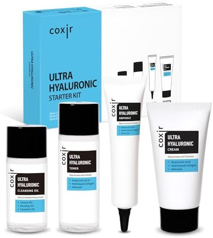 Coxir Ultra Hyaluronic Holiday Set Cleansing Oil + Toner + Ampoule + Cream |Mini Skincare Kit Travel-Size Korean Skincare Set Hydrating Routine