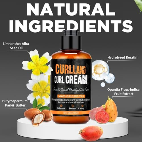 Curlland Curl Cream For Men Hair Styling Cream For Wavy And Curly - Mens Curly Hair Products Defines Curls Tames Frizz Adds Smoothness And Texture For Curl Without Crispiness - Sea Salt Spray Hold Beach Easy