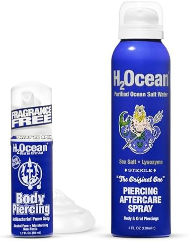 H2Ocean Patented Piercing Aftercare Spray Sea Salt Saline 4Oz + Body Piercing Foam Soap Sea Salt Piercing Aftercare 1.7Oz