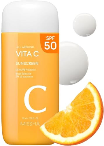Missha All Around Vita C Sunscreen Spf 50/2.36 Fl Oz - Korean Sunscreen For Face With Vitamin C For Even Tone Lightweight Non-Sticky Sebum Control