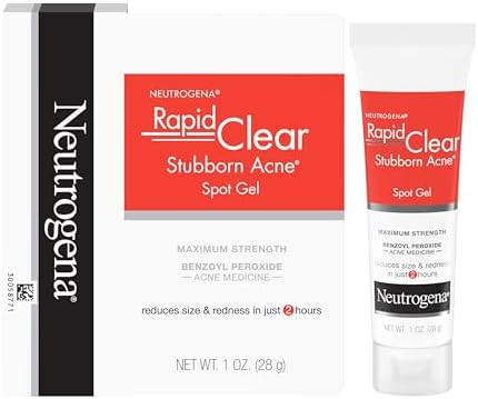 Neutrogena Rapid Clear Stubborn Acne Spot Treatment Gel Maximum Strength 10% Benzoyl Per-Oxide Treatment Medication For Acne Prone Skin Pimple Cream Reduces Size & Redness 1 Oz