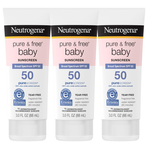 Neutrogena Pure & Free Baby Mineral Sunscreen Lotion With Broad Spectrum Spf 50 & Zinc Oxide Water-Resistant Hypoallergenic & Tear-Free Baby Sunscreen 3 Fl. Oz 3 Pk