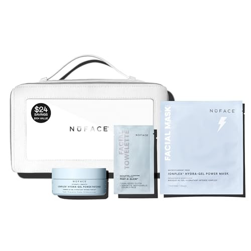 Nuface Ultimate Glow Skincare Kit - Limited Edition Set With Hydrogel Power Mask Under Eye Patches Prep-N-Glow Facial Wipes & Luxe Bag - Hydrating Skincare To Prep For Microcurrent (4Ct)