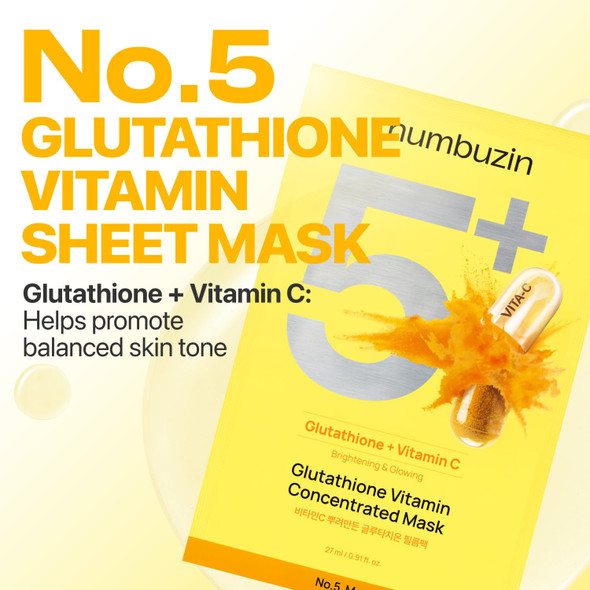 Numbuzin No.5 Sheet Mask | Vitamin Spotlight Sheet Mask | Glutathione And Vitamin C | Reduces Hyperpigmentation Improves Skin Complexion | Gentle And Non-Irritating 5 Sheet