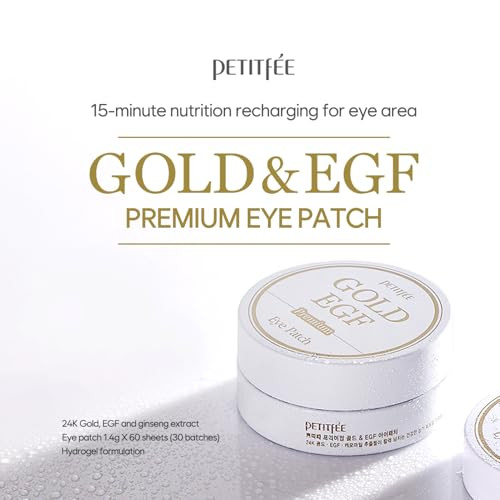 Petitfee Premium Gold & Egf Eye Patch 60Pcs (30Pairs) - 24K Gold Egf Ginseng Caviar Extract For Nourishing Under Eye Firming Smoother Eye Area Skin Soothing Rejuvenating