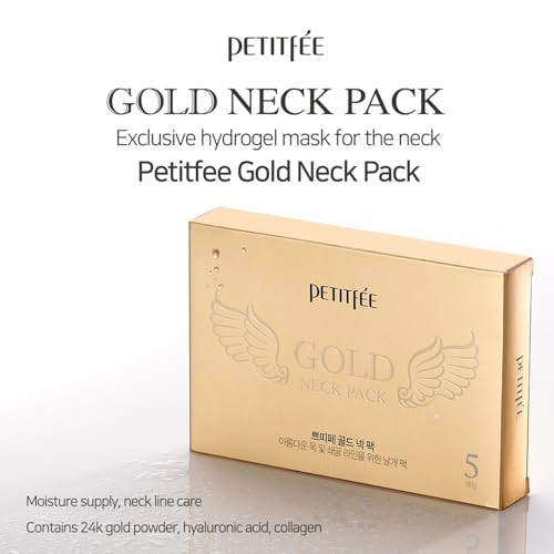 Petitfee Gold Neck Pack 5Ea - Hydrogel Mask For Firming & Silky Smooth Neck & Decollete Deep Moisturizing Care With 24K Gold Collagen Hyaluronic Acid Soothing & Cooling Hydrogel Mask
