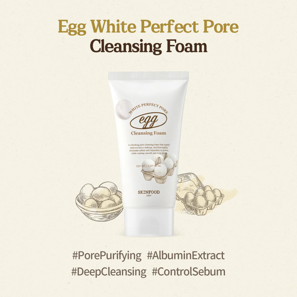 Skinfood Egg Perfect Pore Cleansing Foam 150Ml - Egg Yolk Albumin Contained Pore Refining Facial Foam Cleanser - Removes Impurities From Pores (5.07 Fl.Oz.)