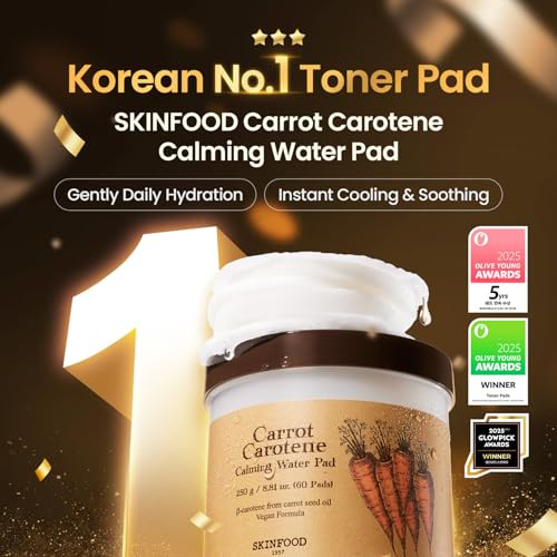 Skinfood Carrot Toner Pads Instant Cooling & Redness Relief After Sun Care For Heat-Stressed Skin Quick Calming Hydrating Cotton Facial Pads Korean Skincare (60Ct)