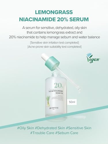 Skinfood Lemongrass Niacinamide 20% Serum Korean Skincare Facial Serum For Oily & Sensitive Skin Sebum Control Moisture Balance 50Ml / 1.69 Fl.Oz