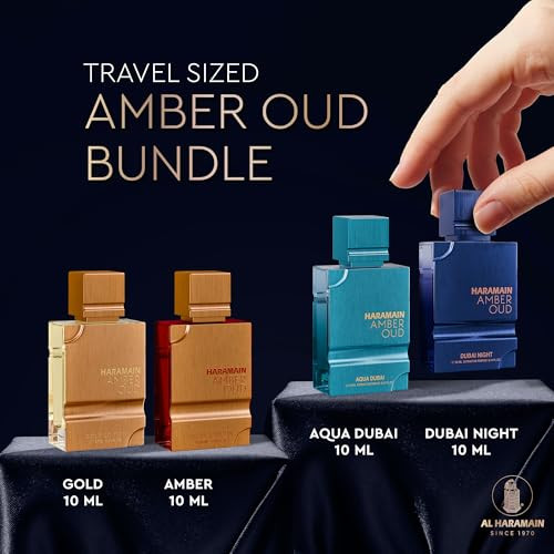 Al Haramain Amber Oud Eau De Parfum 4Pc 10Ml Each Mini Perfume Set For Women & Men Cologne Set Unisex Arabian Perfume Sampler With Gold & Ruby Edition Dubai Night And Aqua Dubai Fragrances
