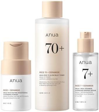 Anua Rice Skin Care Set Rice Cleansing Powder Face Wash Korean Milky Toner & Hydrating Serum With Ceramide Hyaluronic Acid Brightening For A Glass Skin Look Non-Comedogenic Korean Skincare