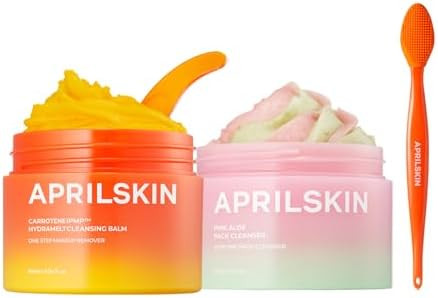 Aprilskin Double Cleansing Duo With Pore Brush: Aprilskin Carrotene Ipmp Hydromelt Cleansing Balm Pink Aloe Facial Polish Cleanser And Pore Caring Facial Silicone Brush