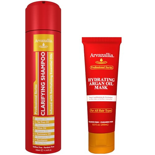 Arvazallia Hydrating Argan Oil Hair Mask And Clarifying Shampoo With Revitalizing Essential Oils Bundle - Professional Deep Cleansing And Deep Conditioner Treatments For Amazing Looking Hair