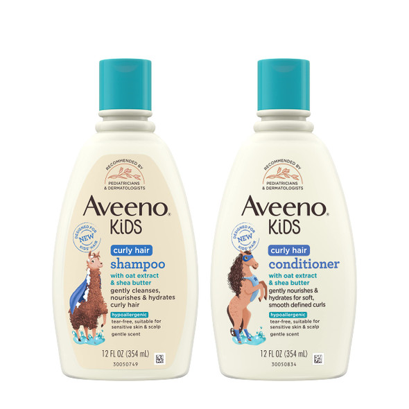 Aveeno Baby Kids Curly Hair Shampoo And Conditioner Set 12 Fl. Oz Each With Oat Extract & Shea Butter Hydrating Hypoallergenic Moisturizing For Defined Curls Gentle For Kids' Developing Hair