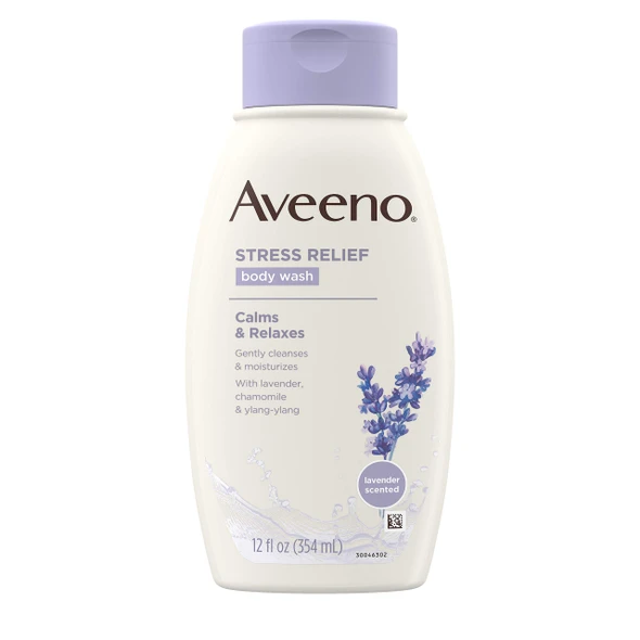 Aveeno Stress Relief Body Wash With Soothing Oat Lavender Chamomile & Ylang-Ylang Essential Oils Dye- & Soap- Calming Body Wash For Shower Gentle On Sensitive Skin 12 Fl. Oz