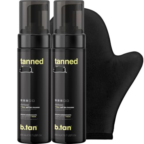 B.Tan Dark Self Tanner Box Anytime Glow Getter Bundle - 2 Pack Sunless Tanning Mousse With Mitt 1 Hour Express Fake Tan Foam Best Christmas Stocking Stuffer Fast Bronze Face & Body