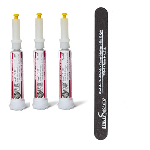 Beauty Secrets Drip & Clog Proof Nail Glue (3 Pack) Bundled With Nail File Black Cushion Medium Coarse 180/100 Grit By Beauty Secrets