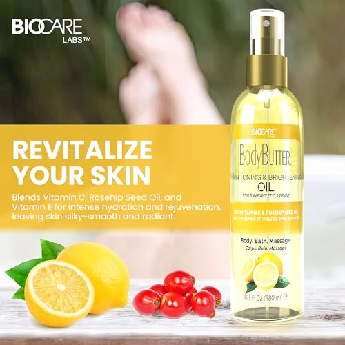 Biocare Skin Toning & Brightening Oil - Infused With Vitamin C Rosehip Seed Oil Vitamin E - Nourishing And Non-Greasy Body Oil For Hydrated Radiant Even Skin Texture And Complexion 6 Oz