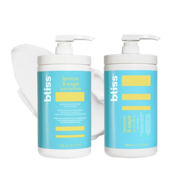 Bliss Lemon & Sage Mega Moisture Duo: Lemon And Sage Body Butter - Maximum Moisture Cream And Soapy Suds Body Wash