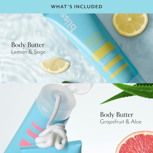 Bliss Body Butters Duo Lemon And Sage Body Butter And Grapefruit And Aloe - Maximum Moisture Cream - 6.7 Fl Oz Lotion For Dry Skin - Long-Lasting Moisturizer- Vegan And Cruelty-