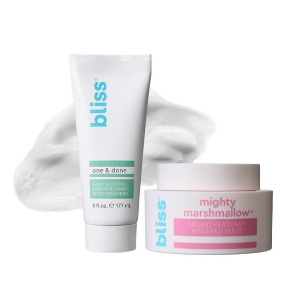 Bliss One & Done Daily Cream Facial Cleanser With Ceramides - Moisturizing Face Wash For Dry Skin And Mighty Marshmallow + Vitamin C Whipped Mask - Brighten & Hydrate