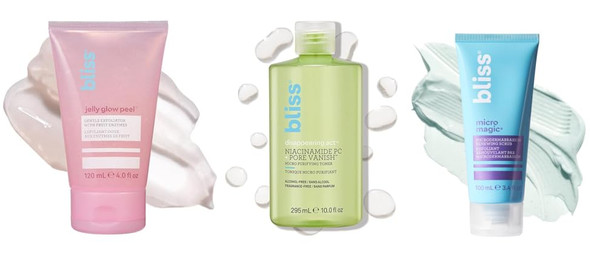 Bliss Ultimate Glow Set: Micro Magic Exfoliating Scrub Disappearing Act Niacinamide Toner & Jelly Glow Peel Cleanser - Clean Skincare