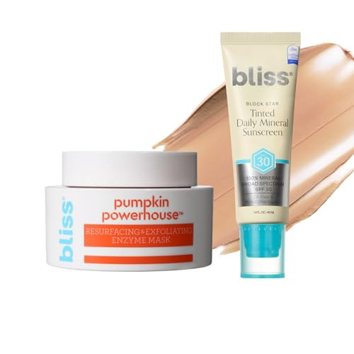 Bliss Resurface And Protect 2Pc: Face Mask Skin Care Clean Paraben Cruelty- Vegan (Pumpkin Powerhouse - Resurfacing) Block Star Tinted Face Sunscreen Spf 30 1.4 Fl Oz