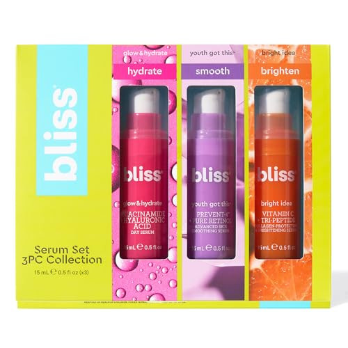 Bliss Skincare Mini Serum Set Vitamin C Retinol & Hyaluronic Acid Face Serums Brightening Anti-Aging & Hydrating Kit Travel Size Set (3 Pack)