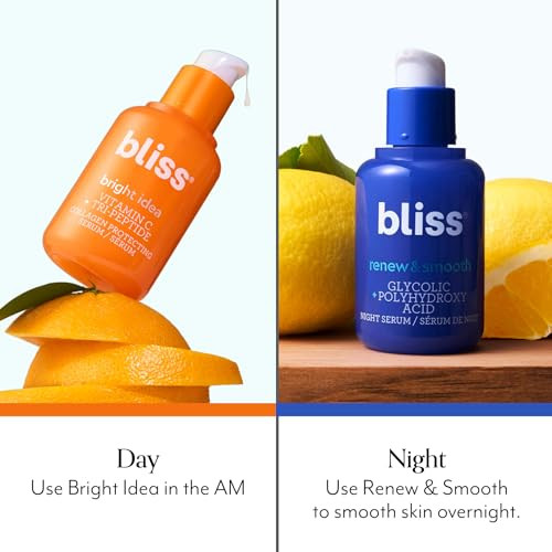 Bliss Vitamin C Bright Idea + Glycolic Acid Renew & Smooth Day And Night Serum Duo Anti-Aging And Brightening Face Serums Duo For Bright Smooth & Firm Skin Vegan Clean & Cruelty- 2X1 Fl Oz