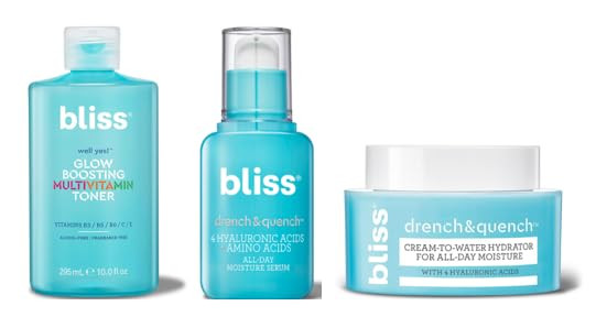 Bliss Ultimate Hydration Skincare Set - Drench & Quench Hyaluronic Acid Serum Moisturizer & Well Yes Hydrating Toner - Multi-Layer Moisture Plumping & Brightening - Clean Vegan & Cruelty- - 3 P