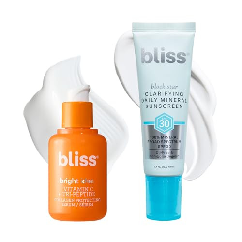 Bliss Bright Idea Vitamin C Serum + Clarifying Block Star Spf 30 Daily Mineral Sunscreen Bundle Antioxidant Serum For Radiant Skin & Lightweight Mineral Spf Protection Cruelty- Clean